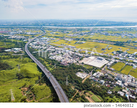 Aerial view of highways and high voltage metal Aerial view of highways and high voltage metal 54640812