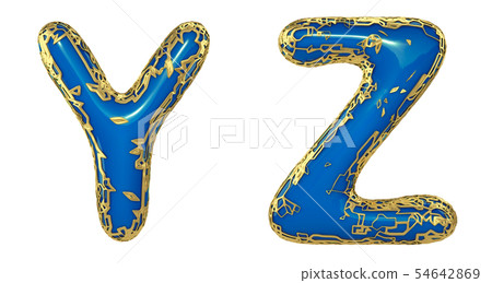 Realistic 3D letters set Y, Z made of gold shining metal letters. 54642869