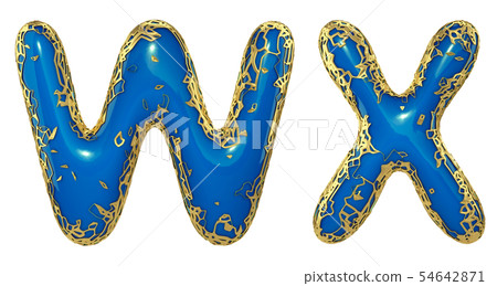 Realistic 3D letters set W, X made of gold shining metal letters. 54642871