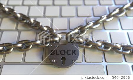 Padlock with BLOCK text on the computer keyboard. Blocking or restriction related 3D rendering Padlock with BLOCK text on the computer keyboard. Blocking or restriction related 3D rendering 54642996