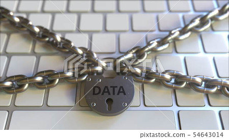Chains and lock with DATA text on the computer keyboard. Conceptual 3D rendering 54643014