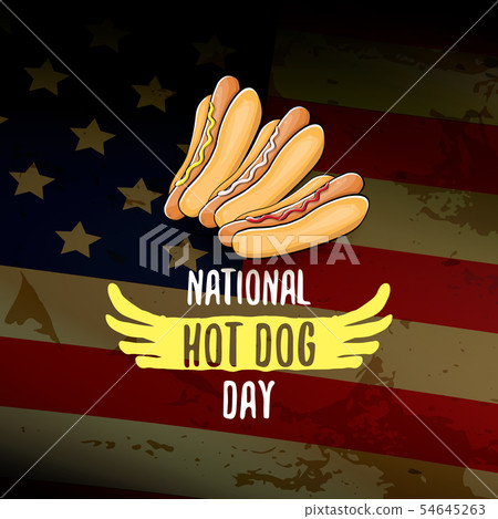 National hot dog day poster with funny cartoon hot dog. Hot dog day label or print for tee isolated National hot dog day poster with funny cartoon hot dog. Hot dog day label or print for tee isolated 54645263