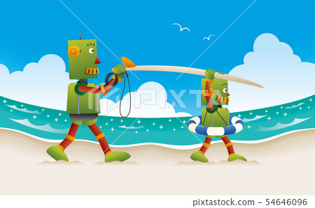 Parent-child robot walking on a sandy beach with a surfboard 54646096