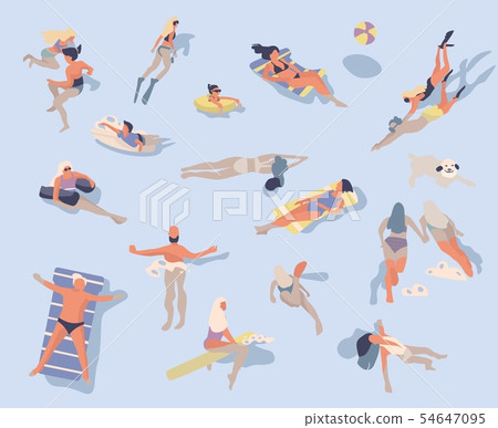 Swimming people. Cartoon characters doing summer activities in water, swimming sunbathing surfing Swimming people. Cartoon characters doing summer activities in water, swimming sunbathing surfing 54647095