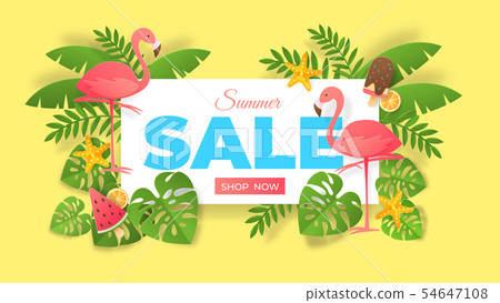 Paper cut summer sale. Abstract banner with flamingo and exotic leaves, special offer flyer. Vector 54647108