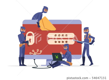Cartoon hackers concept. Criminal person in black clothes stealing information and burglars computer 54647131
