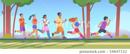 People 5K run. Men and women group running 5K distance, summer outdoor healthy exercises concept People 5K run. Men and women group running 5K distance, summer outdoor healthy exercises concept 54647132