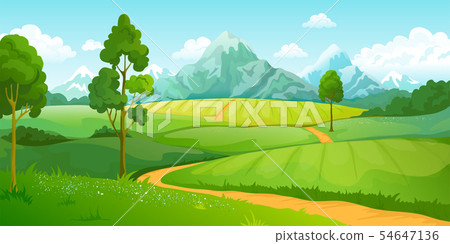 Summer mountains landscape. Cartoon nature green hills scene with blue sky trees and clouds. Vector 54647136