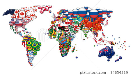 World map and all national circle country flags . 54654319