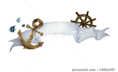 Ribbon for text and nautical. Watercolor. 54662997