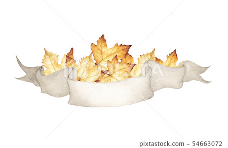 Ribbon for text and maple leaves. Watercolor 54663072