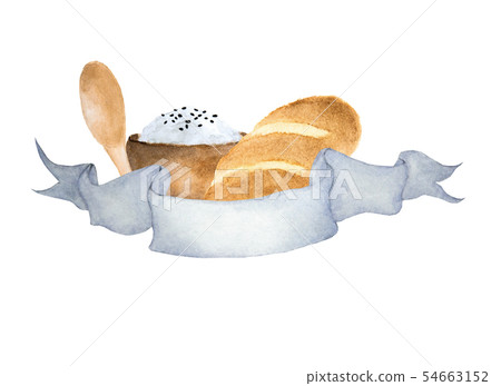 Ribbon for text and food. Watercolor illustration. 54663152