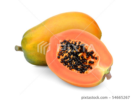 whole and half of ripe papaya fruit with seeds whole and half of ripe papaya fruit with seeds 54665267