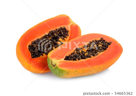 half cut of ripe papaya with seeds isolated on half cut of ripe papaya with seeds isolated on 54665362