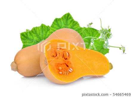 whole and half butternut squash with leaf isolated 54665469