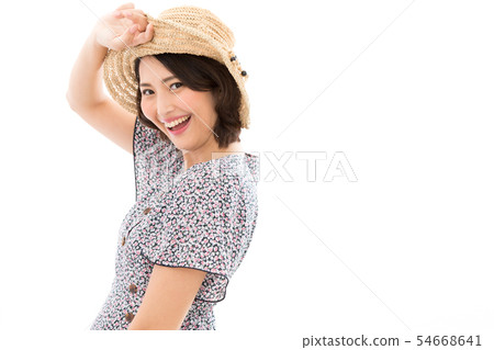 Young Woman Casual Straw Hat Beauty Dazzling Skin Care 54668641