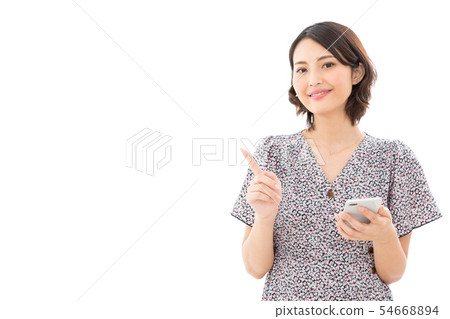 Young woman casual smartphone pointing finger Young woman casual smartphone pointing finger 54668894