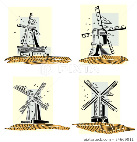 Set of stylized by line color windmills badges. Set of stylized by line color windmills badges. 54669011