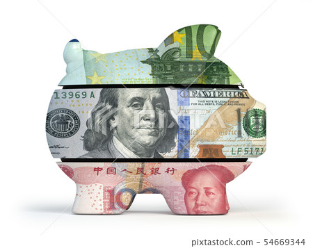Piggy bank with dollar yuan and euro currency. 54669344