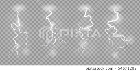 Storm lightnings. Blitz realistic electric sky lightning on transparent background with power strike 54671292