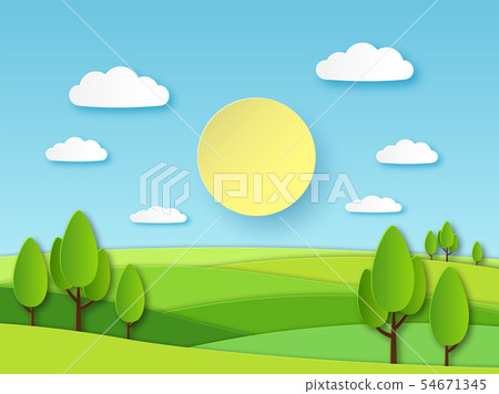 Paper summer landscape. Panoramic green field with trees and blue sky with white clouds. Layered Paper summer landscape. Panoramic green field with trees and blue sky with white clouds. Layered 54671345