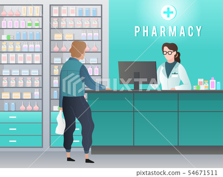 Drugstore. Pharmacy with pharmacist, customer with prescription buys medicine in medical shop 54671511