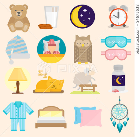 Sleep time icons flat set with window milk isolated illustration sleep icons moon set pillow clock