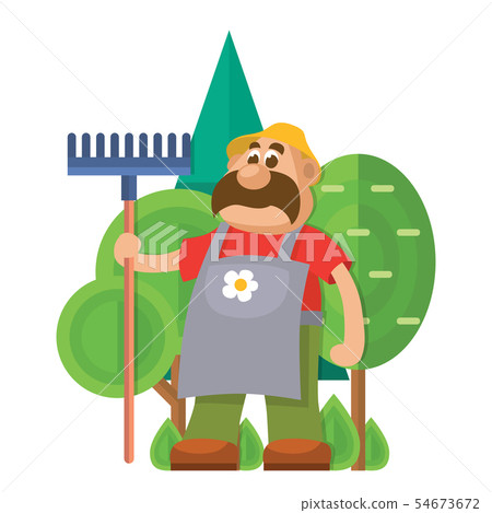 Garden equipment flat gardener character with rake illustration agriculture farming man with tools. 54673672