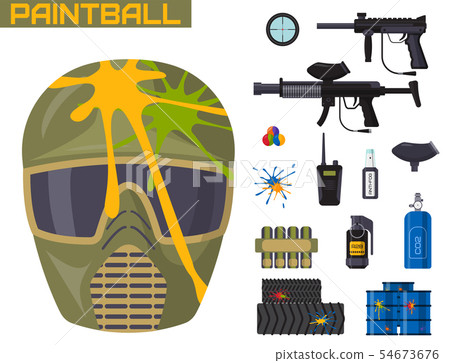 Paintball club icons protection uniform and sport game design elements equipment target illustration Paintball club icons protection uniform and sport game design elements equipment target illustration 54673676