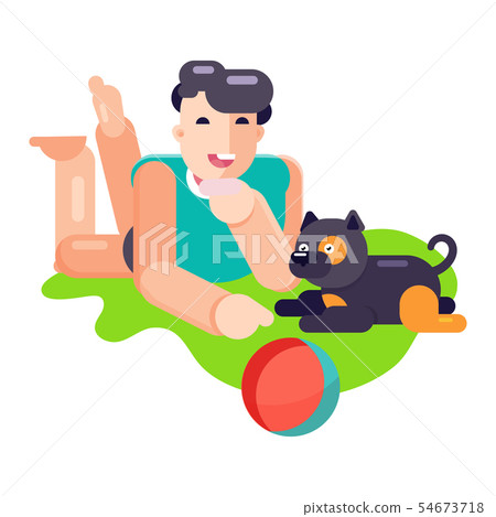 Man boy play with best friend pet character dog or puppy illustration. Family playing with doggie 54673718