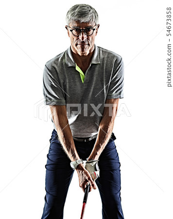 senior man golfer golfing shadow silhouette isolated white back senior man golfer golfing shadow silhouette isolated white back 54673858