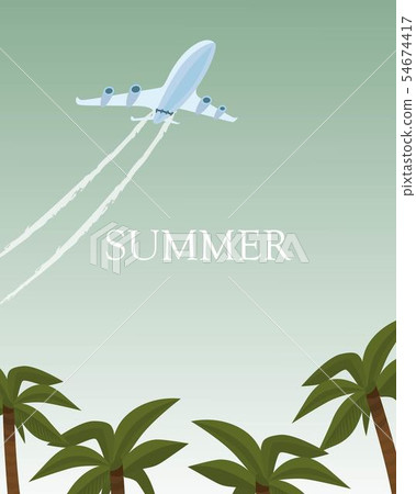 Summer airplane poster vector illustration. Vacation and tourism concept. Plane flies over palm 54674417