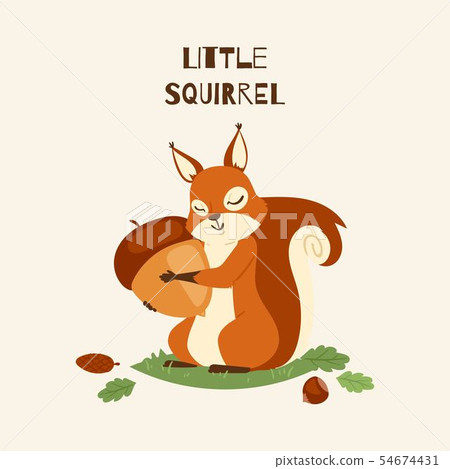 Squirrel little hugging acorn and standing on grass in forest banner vector illustration. Loving Squirrel little hugging acorn and standing on grass in forest banner vector illustration. Loving 54674431
