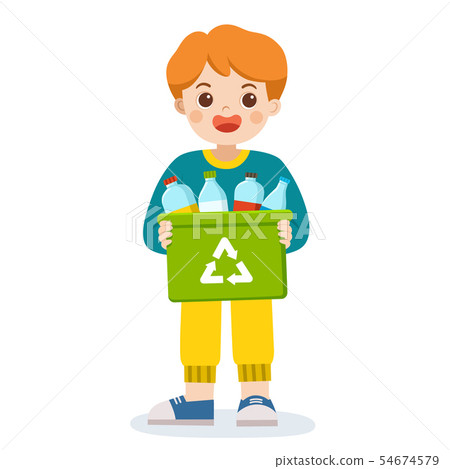 Boy carrying a bin of bottles for recycling. 54674579