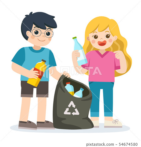 Children gathering plastic bottles for recycling. Children gathering plastic bottles for recycling. 54674580