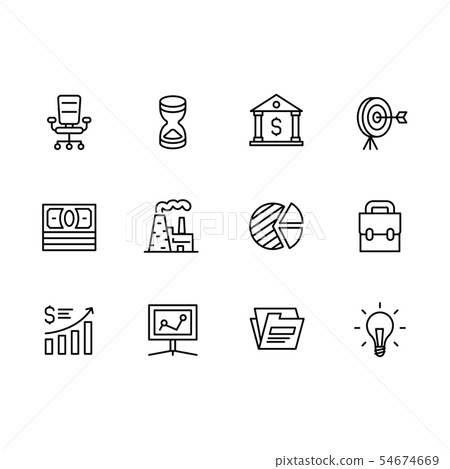 Business outline icon simple symbols set. Contains such icon business office armchair, hourglass Business outline icon simple symbols set. Contains such icon business office armchair, hourglass 54674669