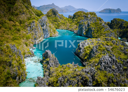 El Nido, Palawan, Philippines. Aerial drone view of beautiful big lagoon surrounded by karst 54676023