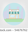 Shop building on city background, flat icon vector 54676762