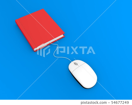 Book and computer mouse on a blue background. . Book and computer mouse on a blue background. . 54677249