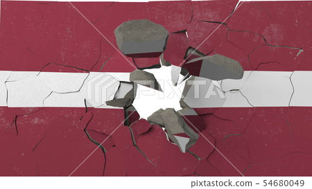 Breaking wall with painted flag of Latvia. Latvian crisis conceptual 3D rendering 54680049