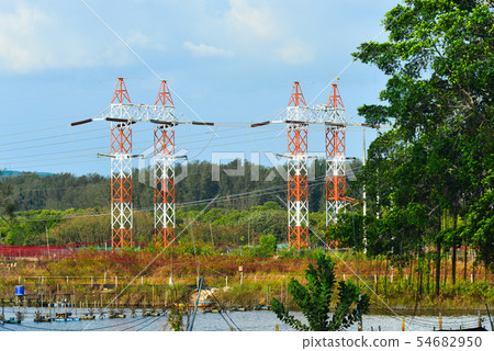 Wire electric pylon under blue sky Wire electric pylon under blue sky 54682950