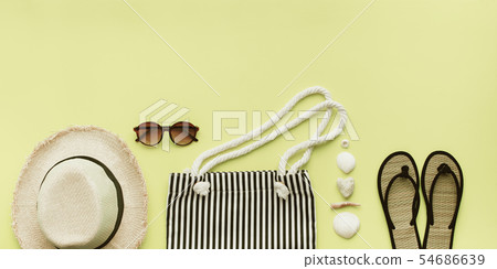 Set beach things accessories hot season. Straw hat Set beach things accessories hot season. Straw hat 54686639