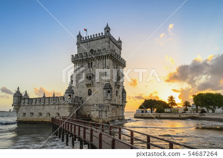Lisbon Portugal sunset city skyline at Belem Tower 54687264