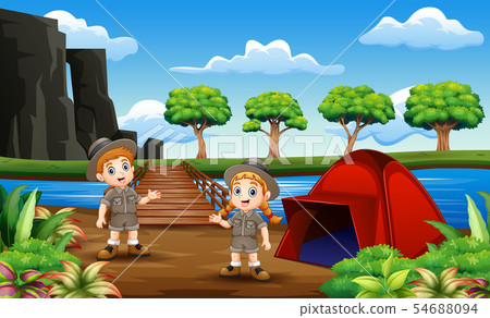 Scout boy and girl camping at nature - Stock Illustration [54688094 ...