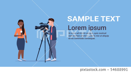 reporter man with african american woman journalist presenting live news operator using video camera 54688991