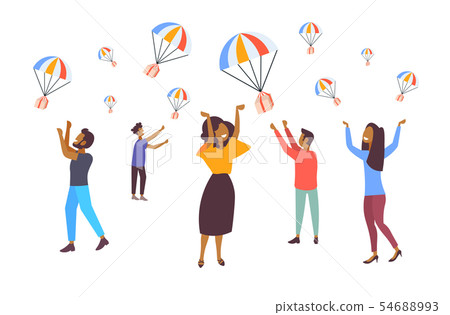 people catching parcel boxes falling down with parachute from sky transportation shipping package 54688993