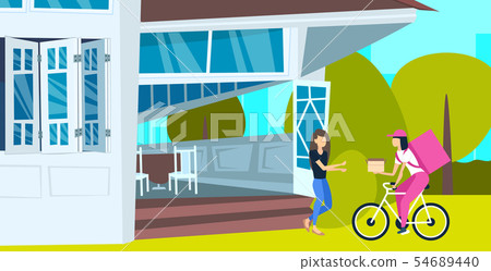 woman receiving order paper box from courier with backpack riding a bike express food delivery woman receiving order paper box from courier with backpack riding a bike express food delivery 54689440