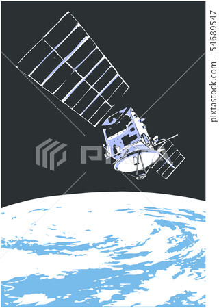 Illustration of satelite orbiting in space Illustration of satelite orbiting in space 54689547