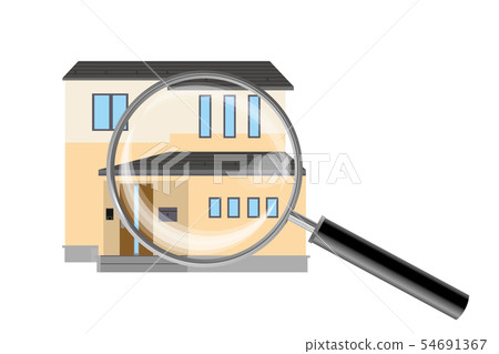 Illustration of a detached house and a magnifying glass · 2 stories _ image of real estate assessment · image of a home inspection 54691367