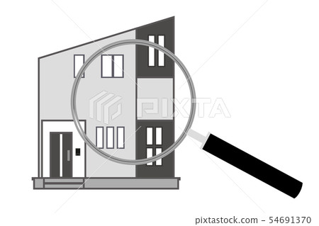 Illustration of a detached house and a magnifying glass · 2 stories _ image of real estate assessment · image of a home inspection Illustration of a detached house and a magnifying glass · 2 stories _ image of real estate assessment · image of a home inspection 54691370